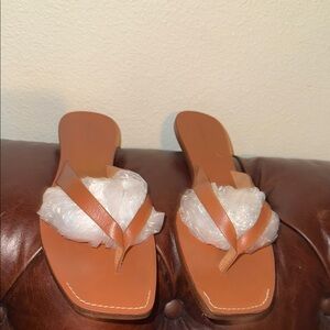 Reformation Tan Leather Square-Toe Slide Sandals